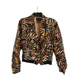 Vintage August Silk Womens 100% Silk Tiger Floral Jacket Slouchy Retro Small